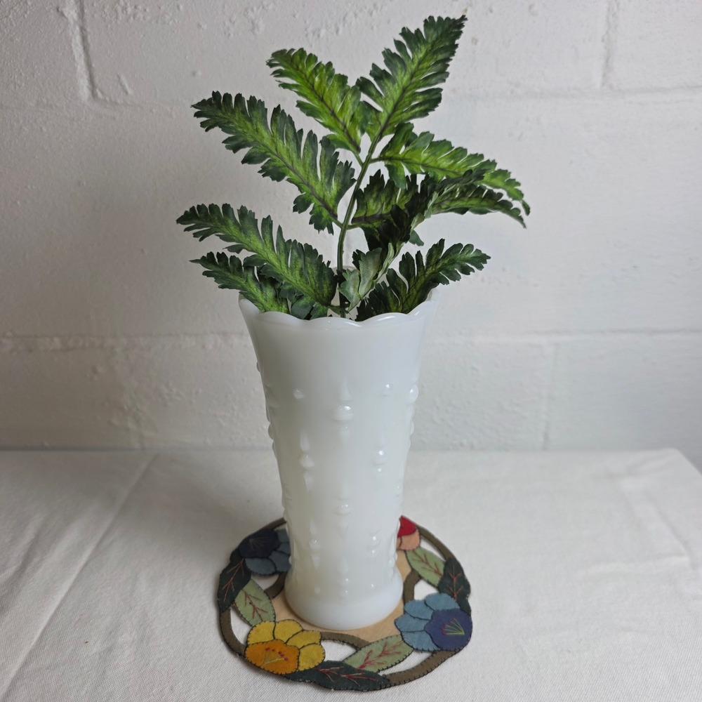 Vintage‎ 50s White Milk Glass Hobnail Vase Scalloped Edge Style Mid Century